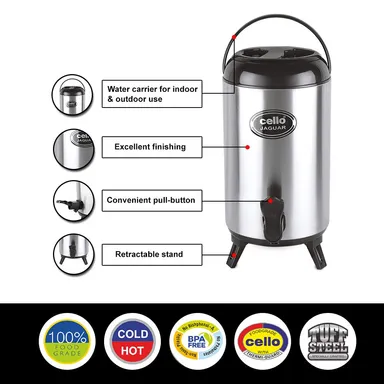 CELLO Jaguar 10 L Black Stainless Steel Insulated Water Jug — Leak‑Proof Large Capacity Hot & Cold Beverages Jug for Home, Outdoor & Parties thumbnail 1