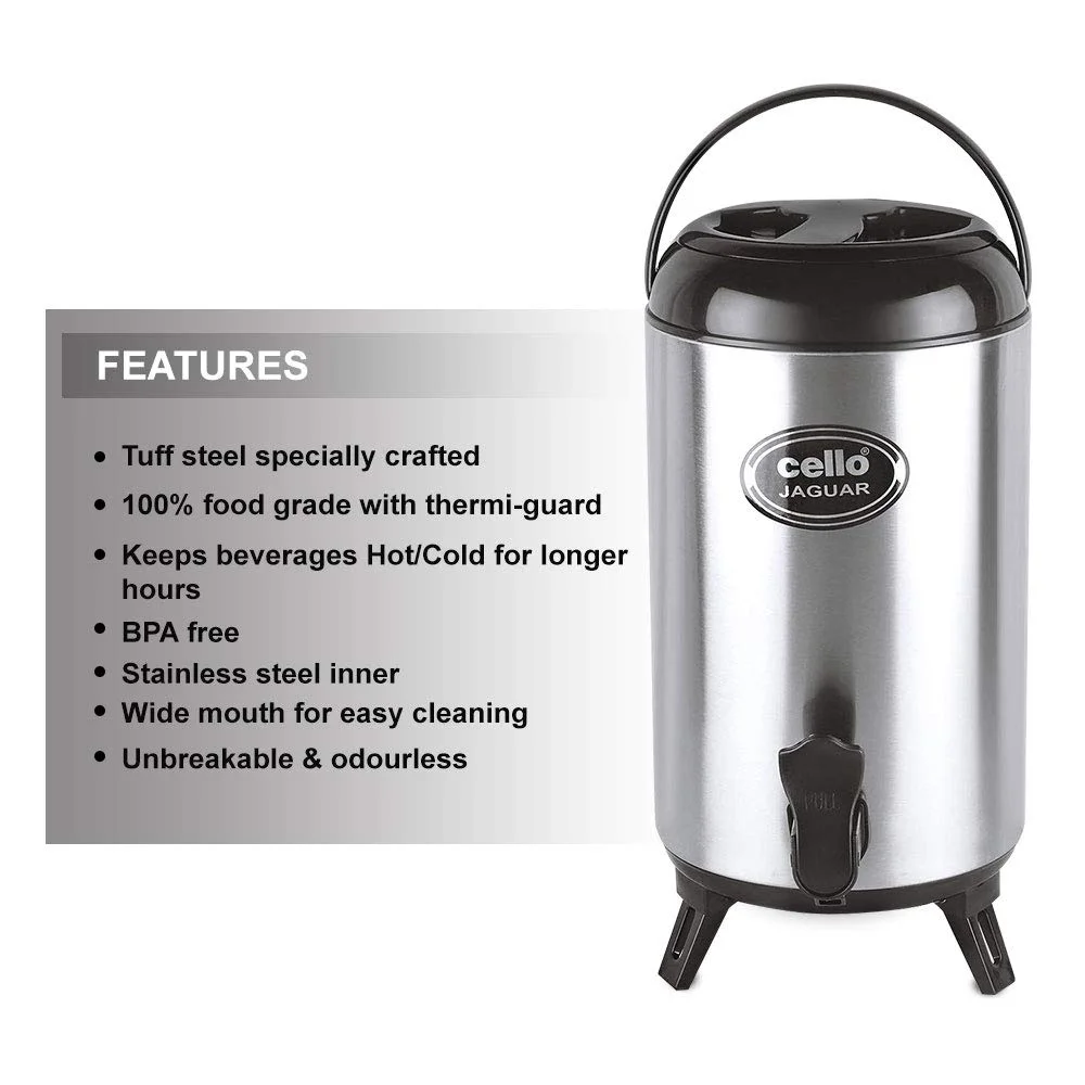 CELLO Jaguar 10 L Black Stainless Steel Insulated Water Jug — Leak‑Proof Large Capacity Hot & Cold Beverages Jug for Home, Outdoor & Parties image 5