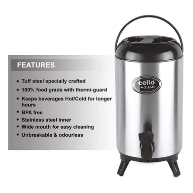 CELLO Jaguar 10 L Black Stainless Steel Insulated Water Jug — Leak‑Proof Large Capacity Hot & Cold Beverages Jug for Home, Outdoor & Parties thumbnail 4