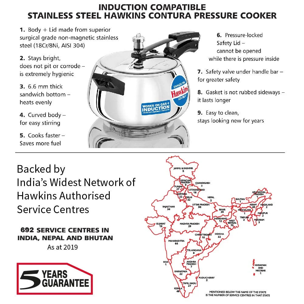 Hawkins Contura SSC50 5 Litre Stainless Steel Inner Lid Pressure Cooker, Induction & Gas Compatible, Silver, Heavy Duty Daily Cooking image 3
