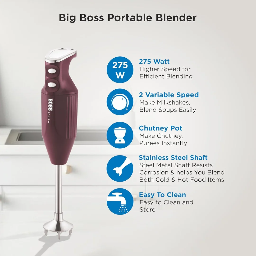 BOSS Big Boss Portable Hand Blender B-146 | 275W Motor, ISI Certified for Smoothies & Soups image 2