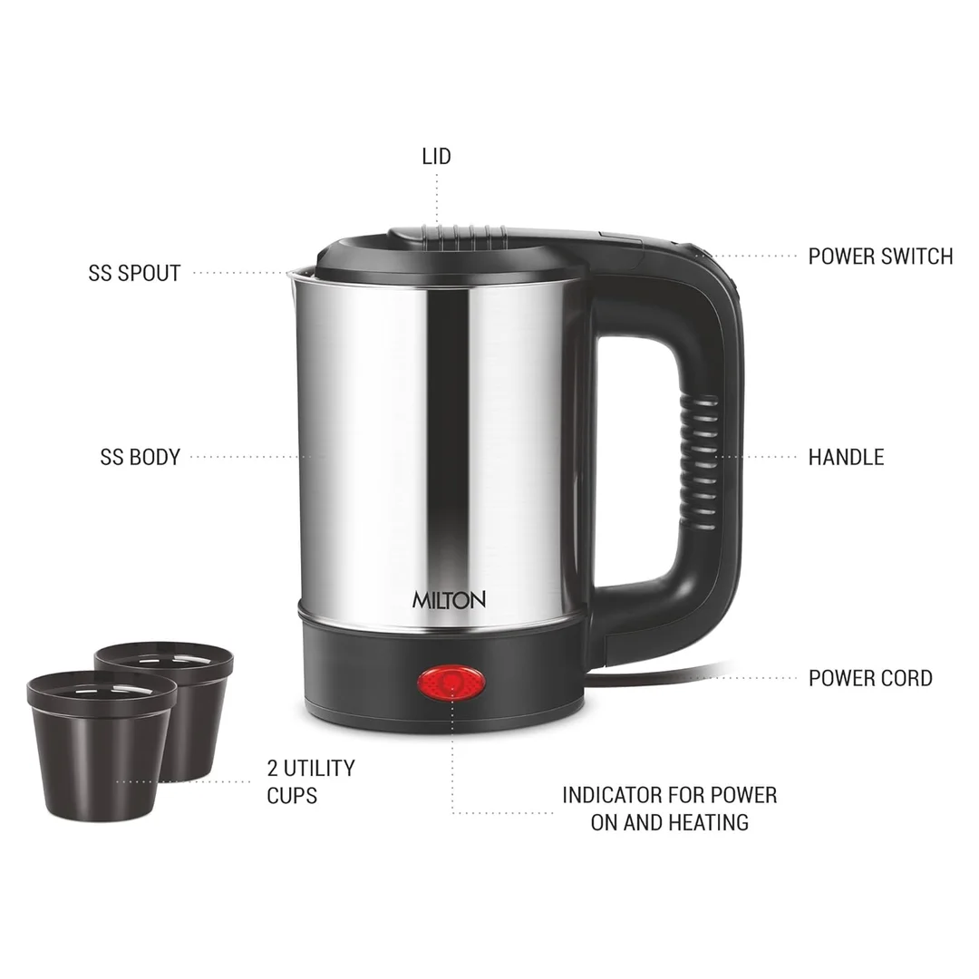 Milton Euroline, Electric Travel Kettle 500ml 1000W Stainless Steel | Milton Euroline with Auto Shut-Off and Concealed Heating Element image 2