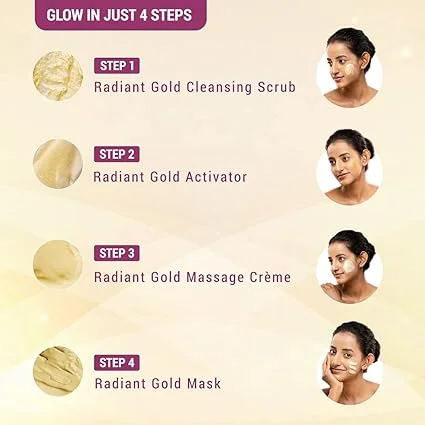 Lotus Herbals Radiant Gold Cellular Glow 4-Step Facial Kit 4×37g With 24K Gold Leaves Papaya Horse Chestnut – Instant Glow Home Salon Facial image 4