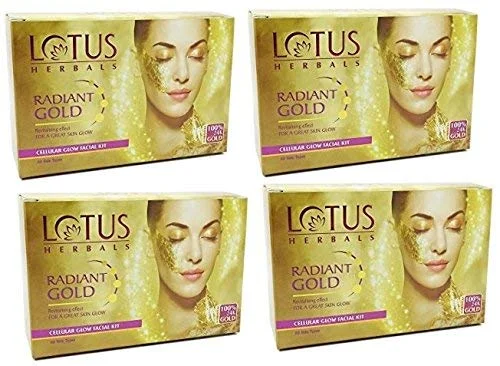 Lotus Herbals Radiant Gold Cellular Glow 4-Step Facial Kit 4×37g With 24K Gold Leaves Papaya Horse Chestnut – Instant Glow Home Salon Facial image 1