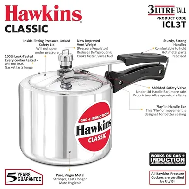Hawkins Aluminium 3 Litre Pressure Cooker | Induction Inner Lid Cooker | Tall Design Pan Cooker | Best Cooker for Indian Cooking | Silver (ICL3T) thumbnail 2