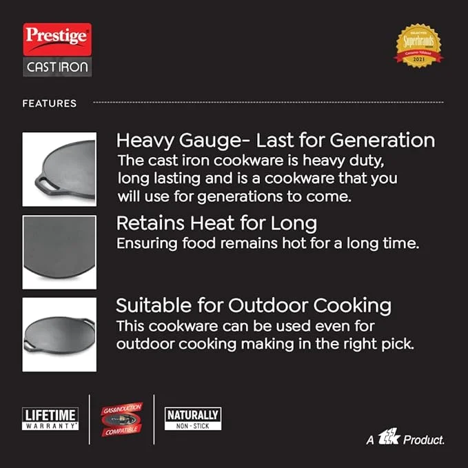 Prestige 30 cm Cast Iron Dosa Tawa Heavy Gauge Gas & Induction Compatible Superior Heat Retention Crispy Dosa Pan image 5