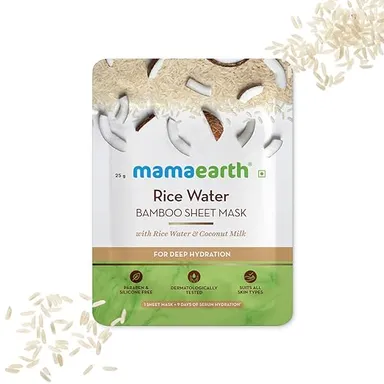 Mamaearth Rice Water Bamboo Sheet Mask with Coconut Milk – Best Hydrating Face Mask for Dry Skin, Skin Brightening, and Glowing Skin, 25g thumbnail 1