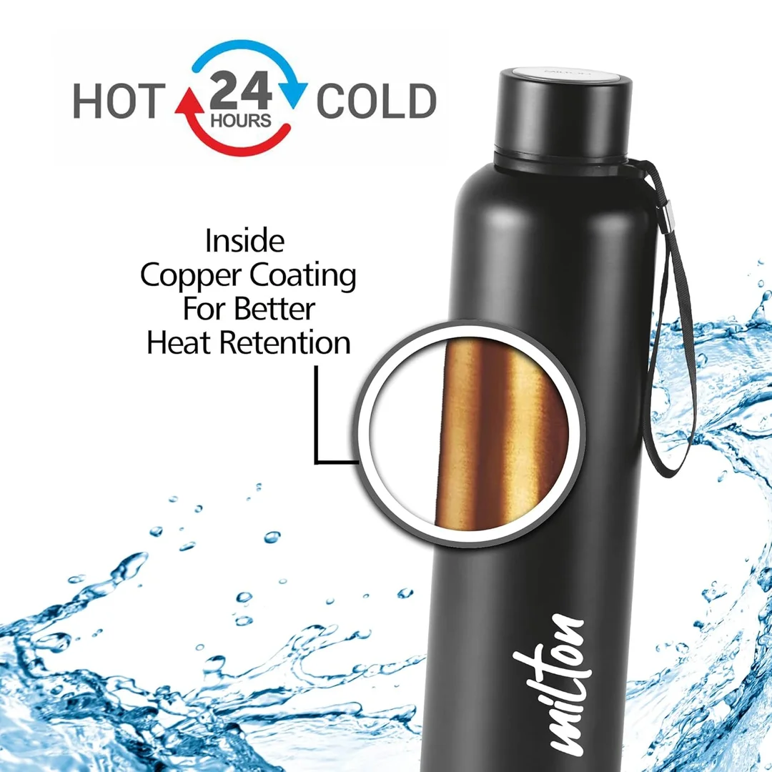 ​Milton Aura 1000 Thermosteel Bottle | 1050 ml, 24 Hours Hot & Cold, Leak-Proof, Easy Grip, Rust-Proof | Black image 2