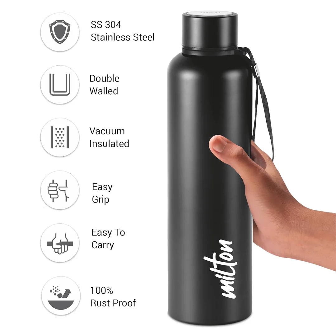 ​Milton Aura 1000 Thermosteel Bottle | 1050 ml, 24 Hours Hot & Cold, Leak-Proof, Easy Grip, Rust-Proof | Black image 3