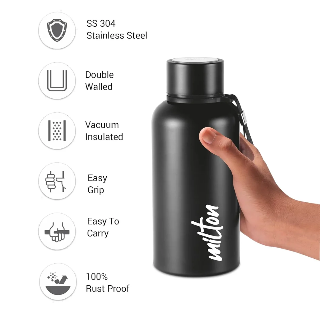​Milton Aura 1000 Thermosteel Bottle | 1050 ml, 24 Hours Hot & Cold, Leak-Proof, Easy Grip, Rust-Proof | Black image 4