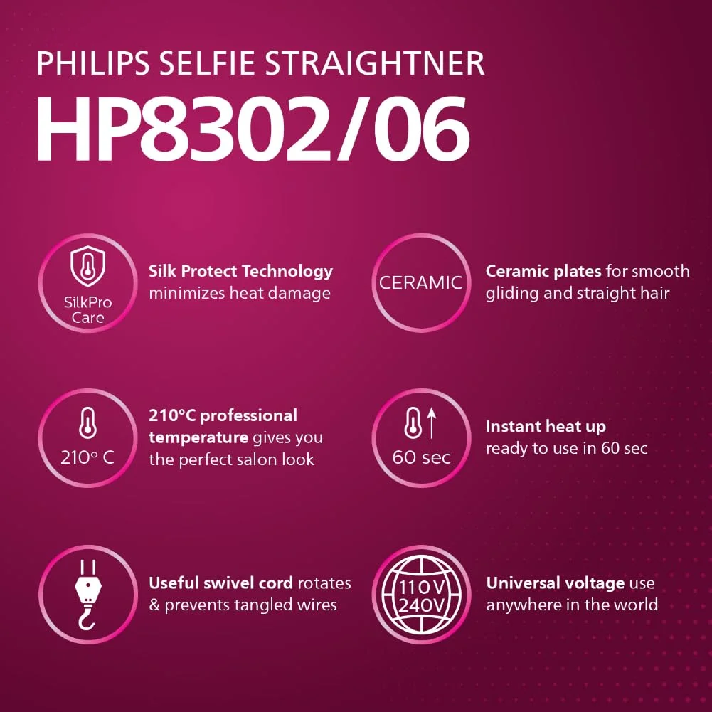 Philips Selfie Hair Straightener HP8302/06 Ceramic Hair Straightener for Damaged Hair with SilkPro Care, No Heat Damage, Compact & Fast Heating, Salon-Quality Styling at Home image 2