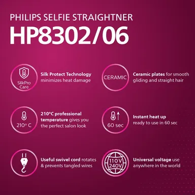 Philips Selfie Hair Straightener HP8302/06 Ceramic Hair Straightener for Damaged Hair with SilkPro Care, No Heat Damage, Compact & Fast Heating, Salon-Quality Styling at Home thumbnail 1