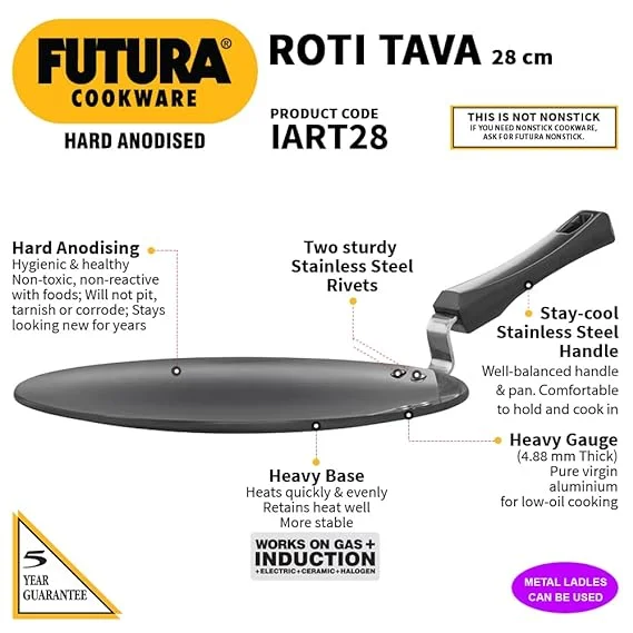 Hawkins Futura 28 cm Tawa | AT28 | Hard Anodised Non-Stick Tawa with Stainless Steel Handle – Induction Compatible for Roti, Chapati, Paratha image 2