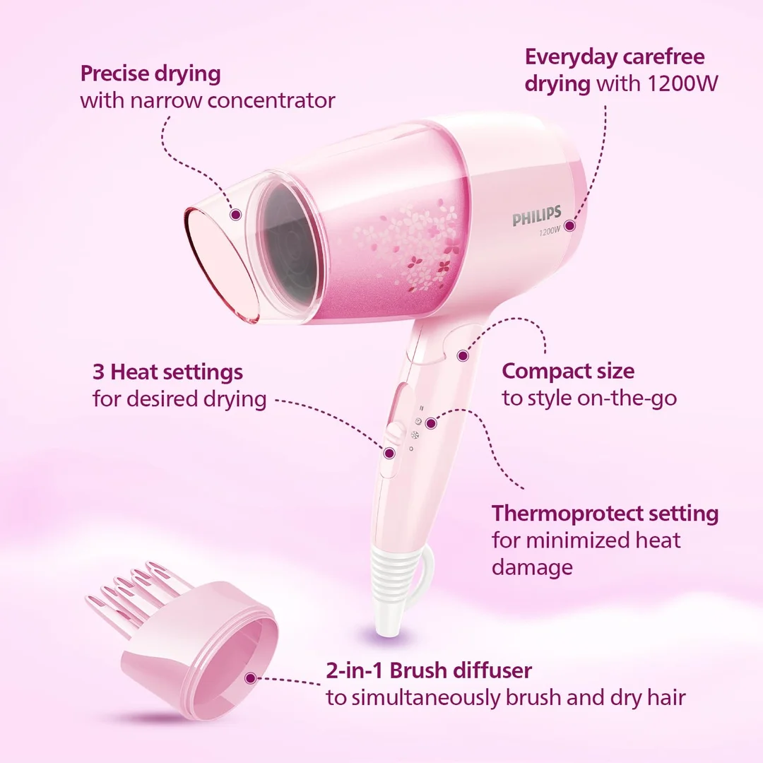 Philips BHC017/00 ThermoProtect 1200W Hair Dryer with Air Concentrator & Diffuser Pink for Fast Safe Styling Daily Use image 3