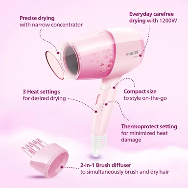 Philips BHC017/00 ThermoProtect 1200W Hair Dryer with Air Concentrator & Diffuser Pink for Fast Safe Styling Daily Use thumbnail 2