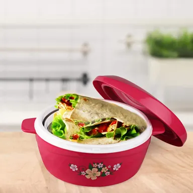 Cello Roti Plus 2500ml Insulated Stainless Steel Casserole | Double Wall Hot Pot for Roti & Chapati with PU Insulated Lid | Pink thumbnail 1