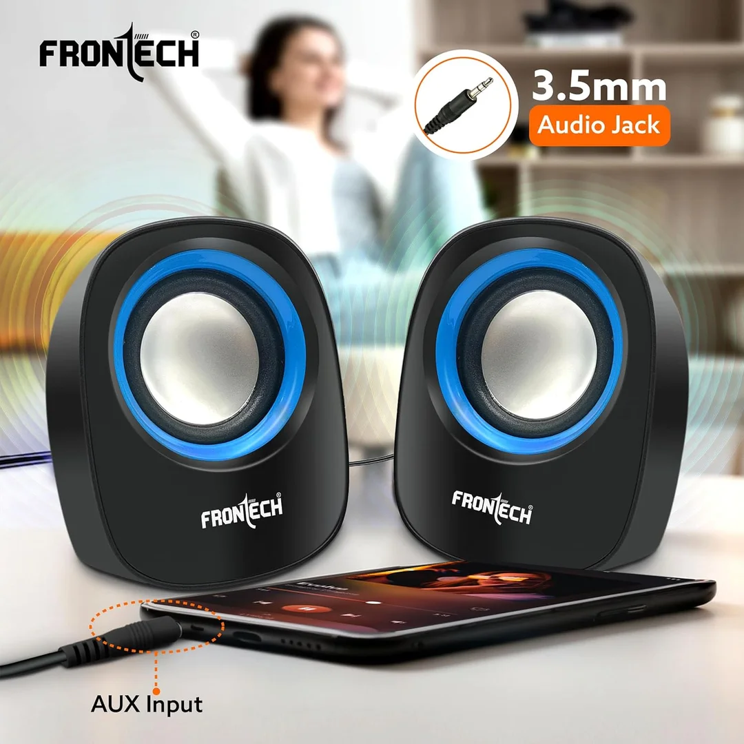 FRONTECH Premium 2.0 Channel USB Powered Speakers SPK-0003 Blue 3W Stereo Sound AUX Input Foam Edge Compact PC Laptop Desktop Speakers Best Budget Buy Online India image 1